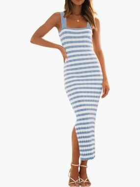 MEROKEETY Stretch Summer Bodycon Midi Dress Size L Vacation Striped Ribbed Knit